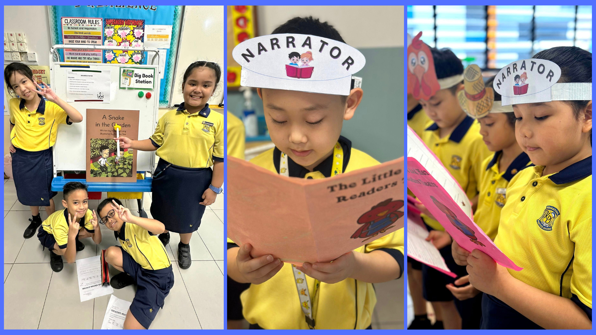 Young students in yellow uniforms read books and wear paper headbands labeled Narrator during a classroom reading activity.